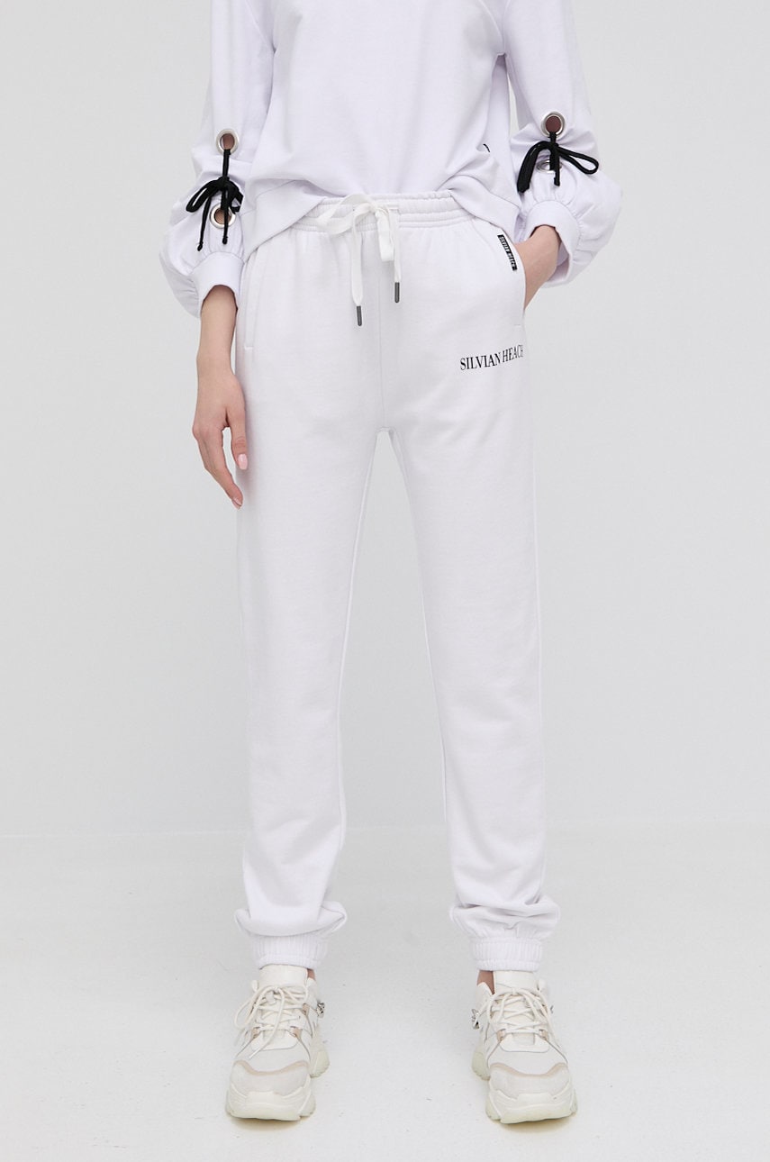 Silvian heach pantaloni de bumbac femei, culoarea alb, neted