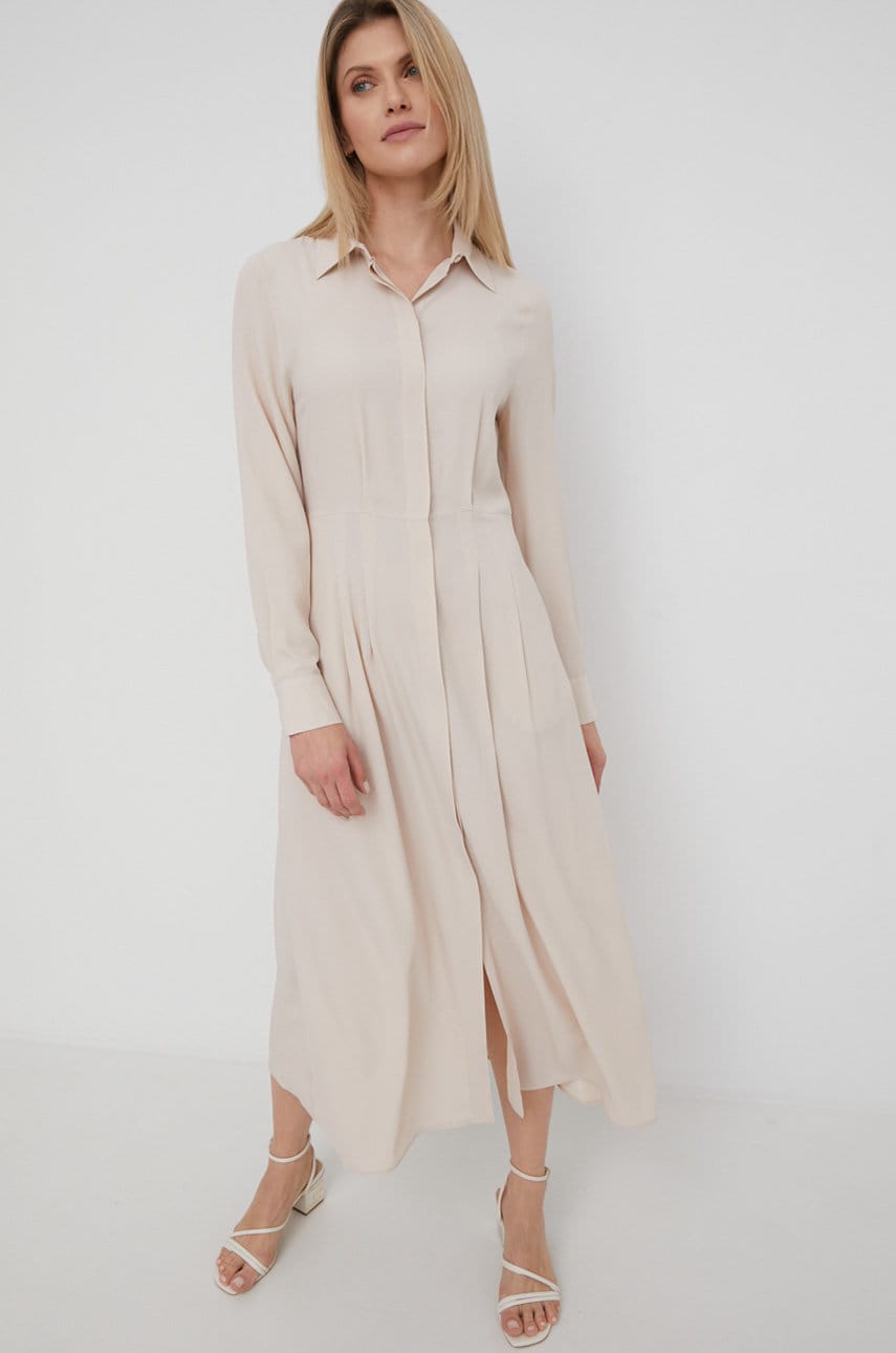 Beatrice b rochie din amestec de matase culoarea bej, midi, drept
