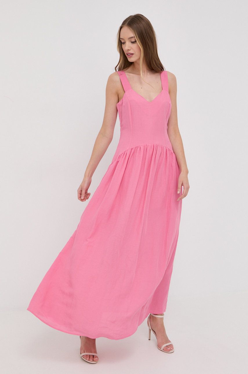 Silvian Heach sukienka z domieszką lnu kolor różowy maxi rozkloszowana