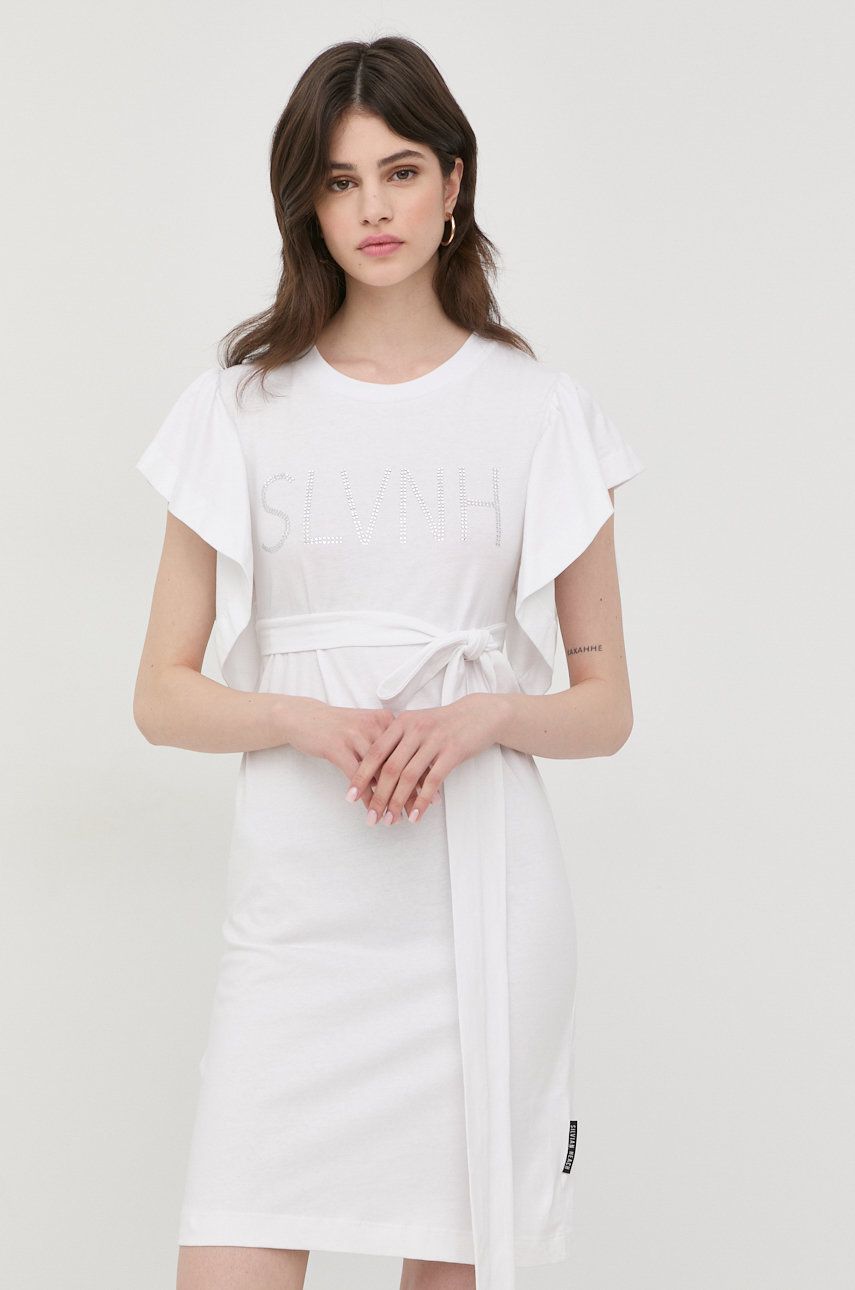Silvian Heach rochie din bumbac culoarea alb, mini, drept