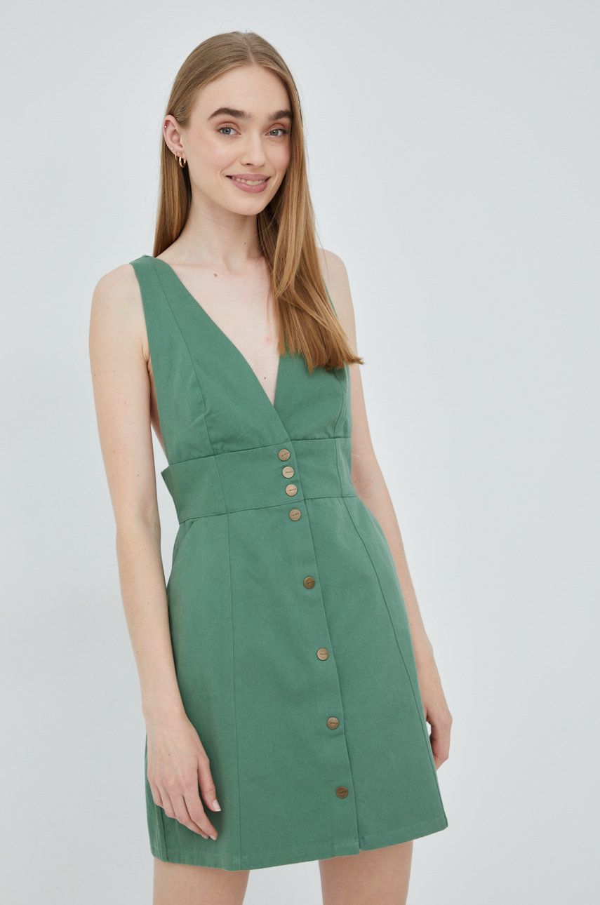 RVCA rochie din bumbac culoarea verde, mini, evazati