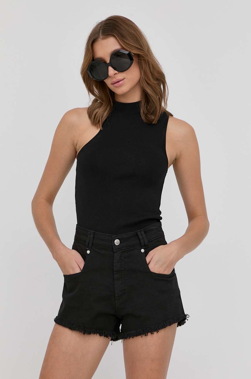 Silvian heach pantaloni scurti jeans femei, culoarea negru, neted, high waist