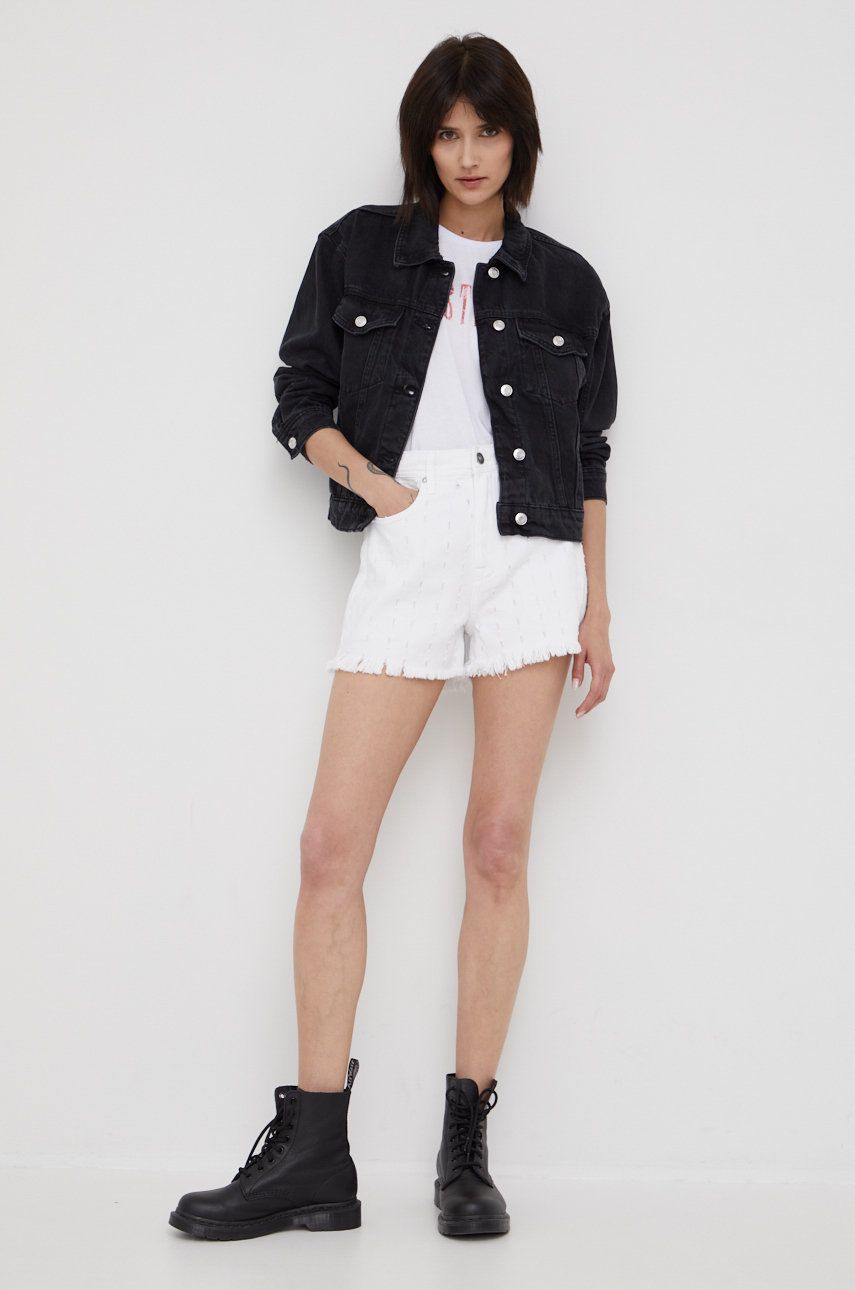 Lee Cooper pantaloni scurti jeans femei, culoarea alb, cu imprimeu, medium waist