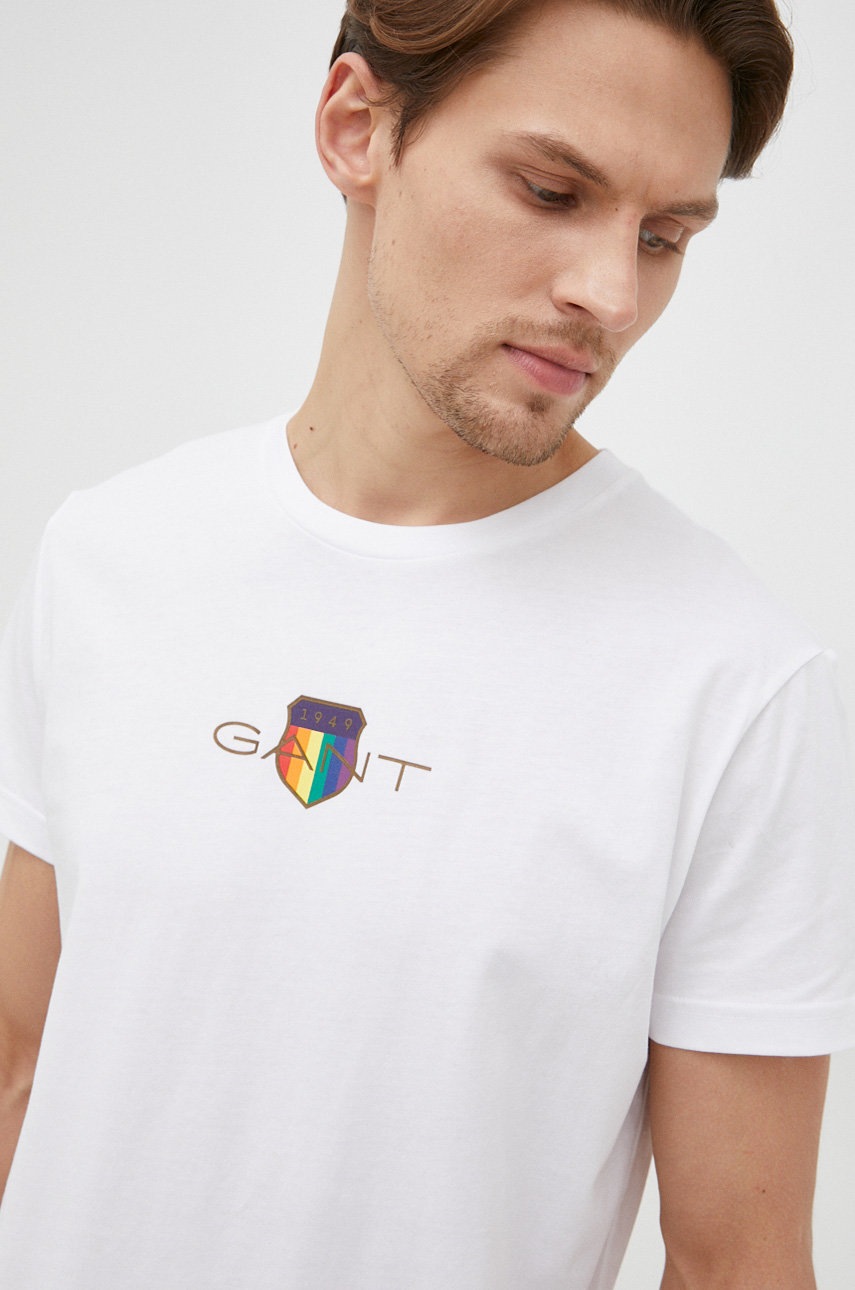 

Памучна тениска Gant в бяло с принт, Бял