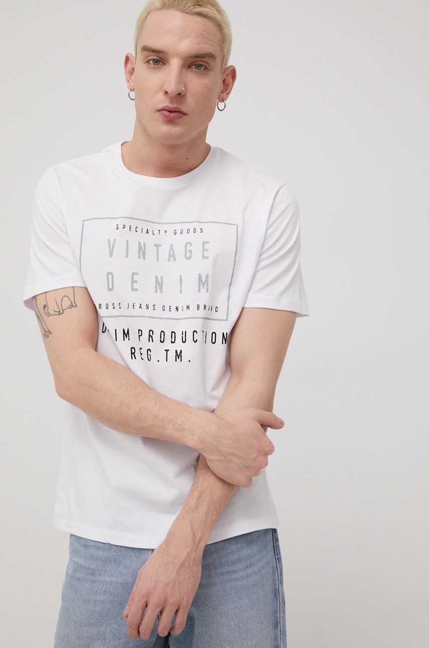 

Памучна тениска Cross Jeans в бяло с принт, Бял
