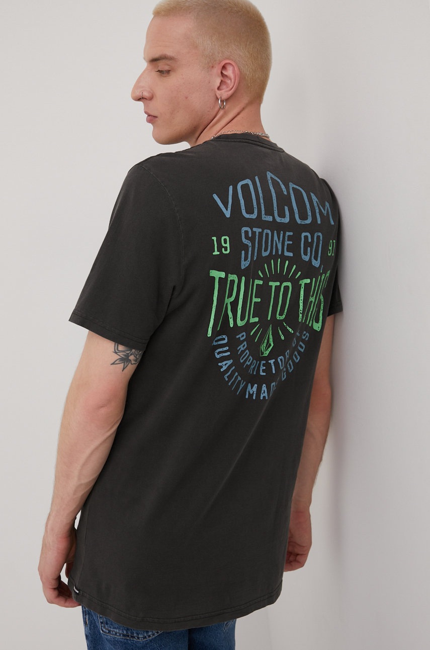 

Памучна тениска Volcom в сиво с принт, Сив