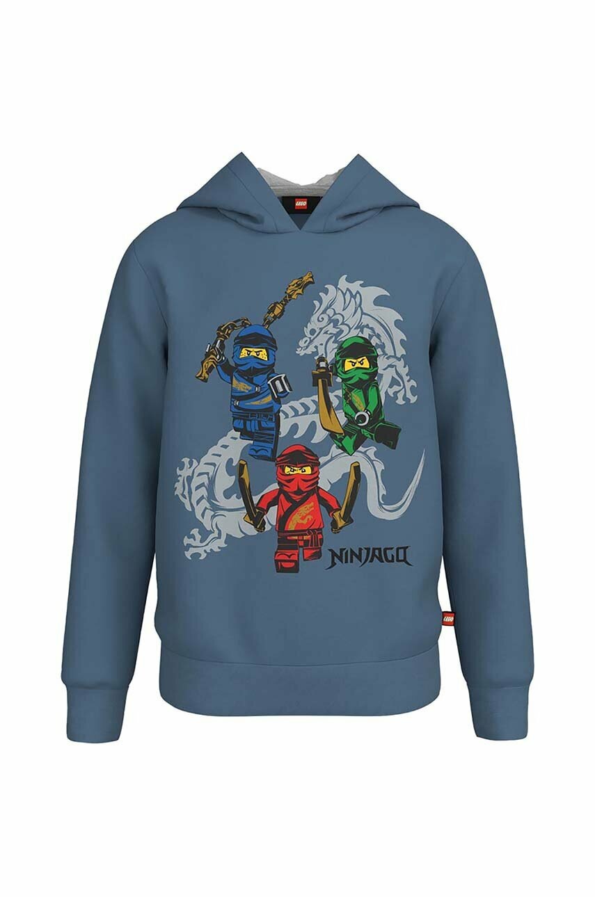

Детски памучен суичър Lego Ninjago в синьо с качулка с принт, Син