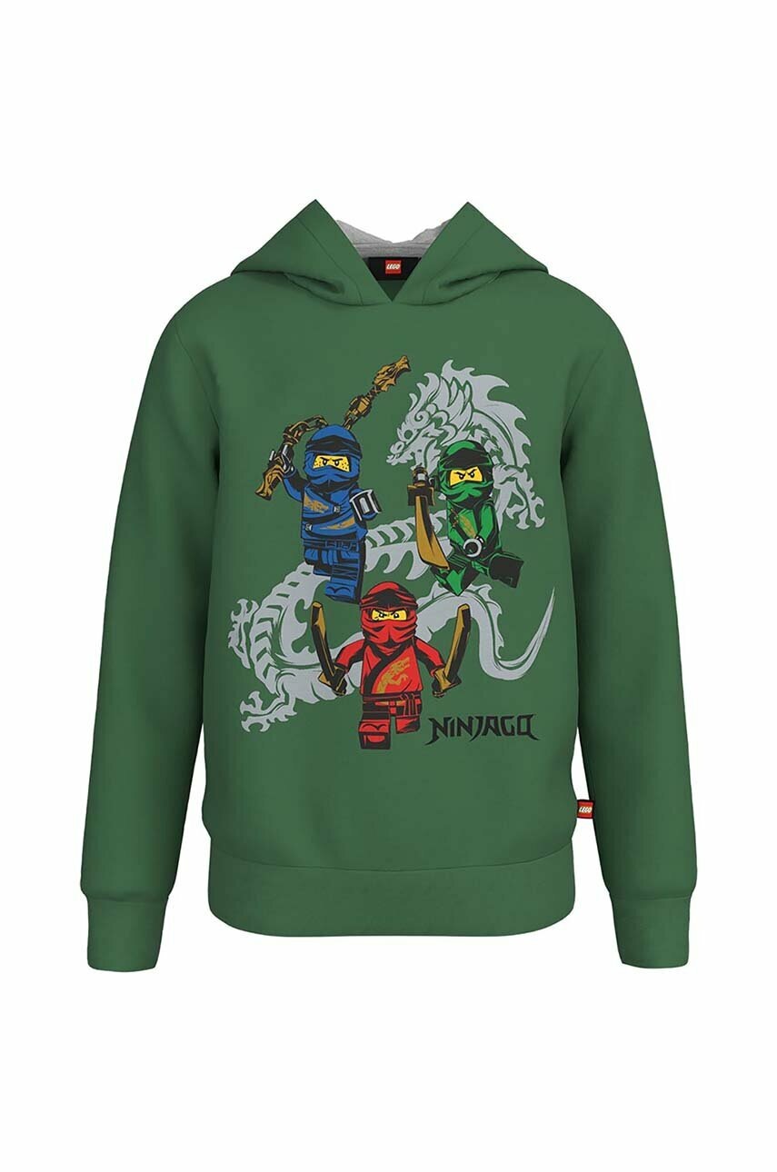 

Детская хлопковая кофта Lego Ninjago цвет зелёный с капюшоном с принтом