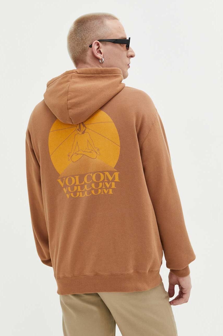 

Памучен суичър Volcom в кафяво с качулка с апликация, Кафяв