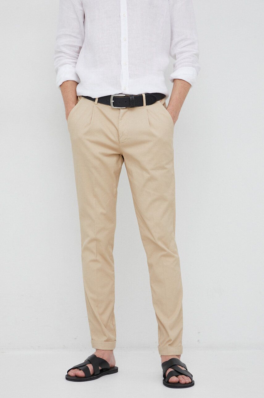 Kalhoty Manuel Ritz pánské, béžová barva, přiléhavé - béžová -  Hlavní materiál: 98 % Bavlna
