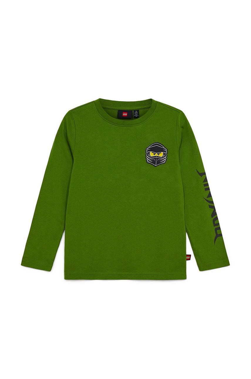 Levně Dětské bavlněné tričko s dlouhým rukávem Lego zelená barva, s potiskem