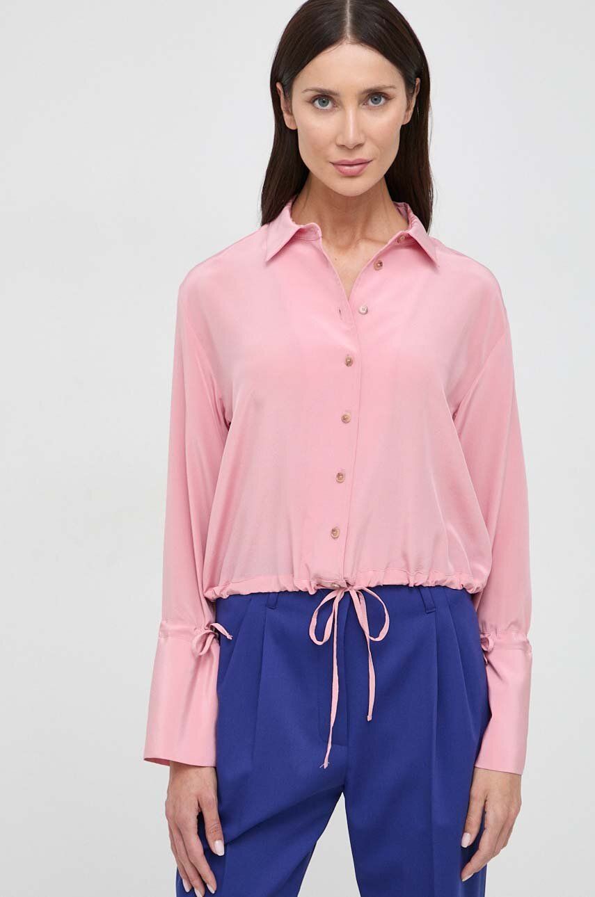 Hedvábné tričko Liviana Conti růžová barva, regular, s klasickým límcem, F4SS01