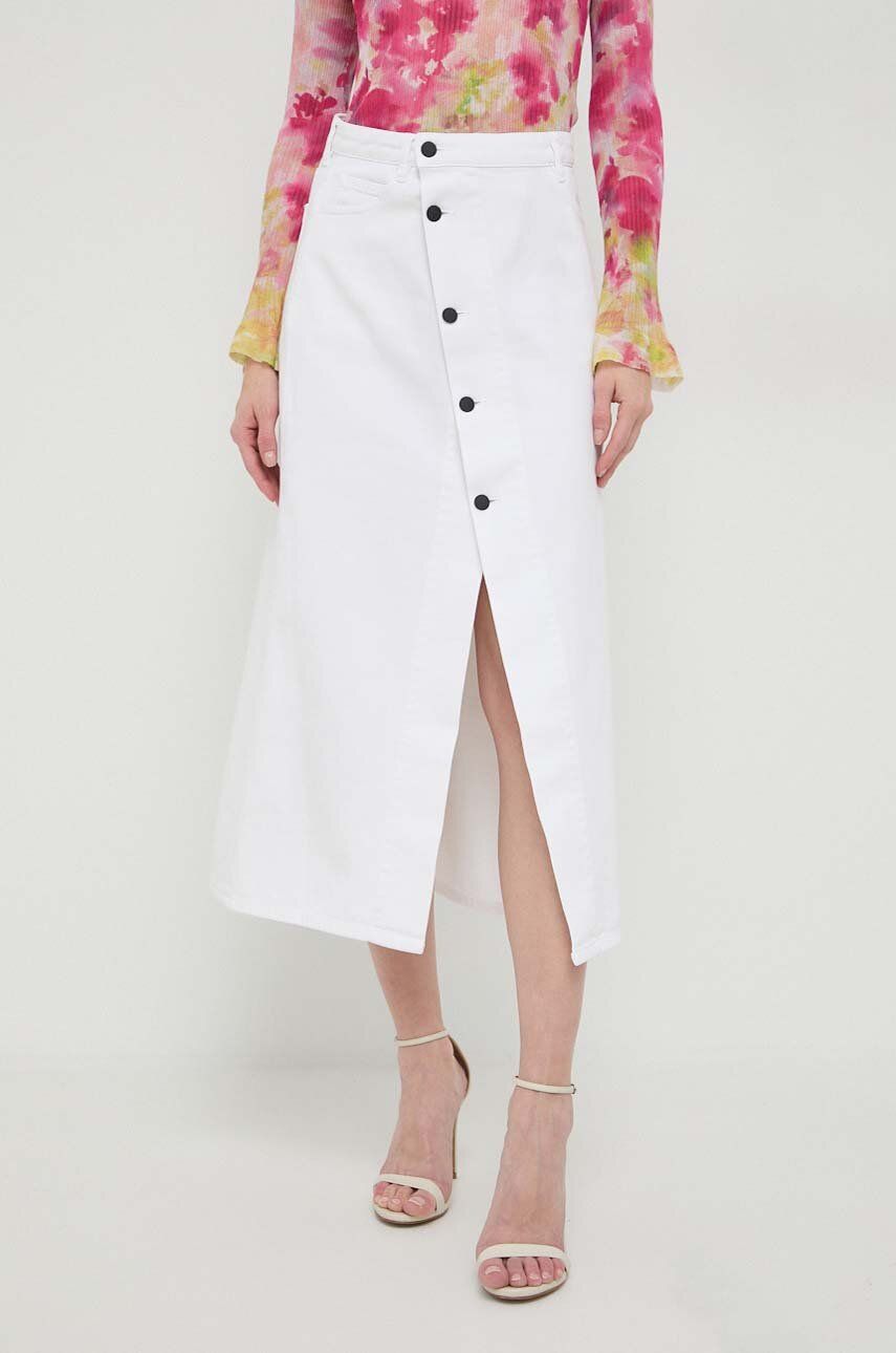 E-shop Džínová sukně Liviana Conti béžová barva, midi, áčková
