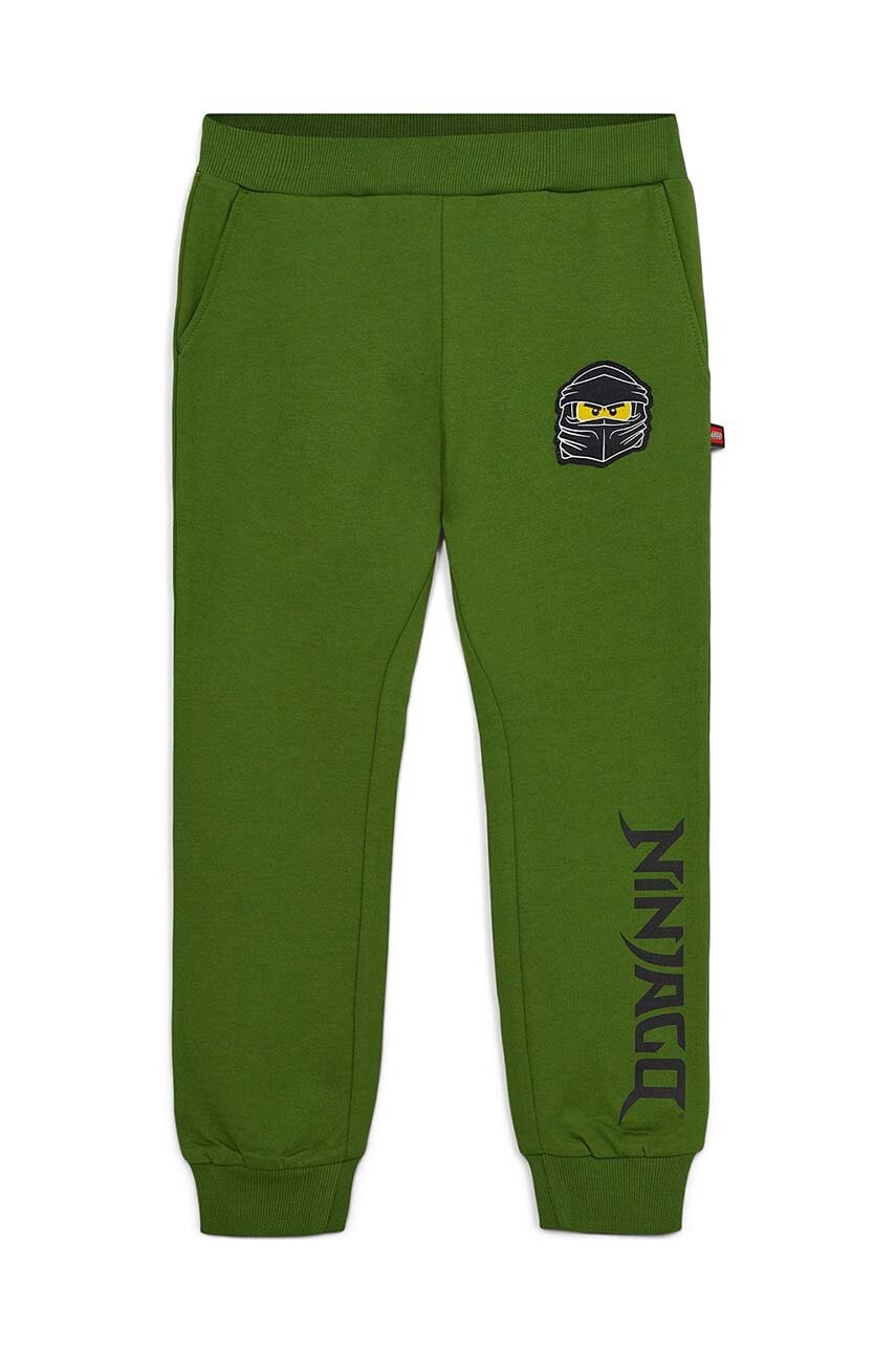 Lego pantaloni de trening din bumbac pentru copii culoarea verde, cu imprimeu