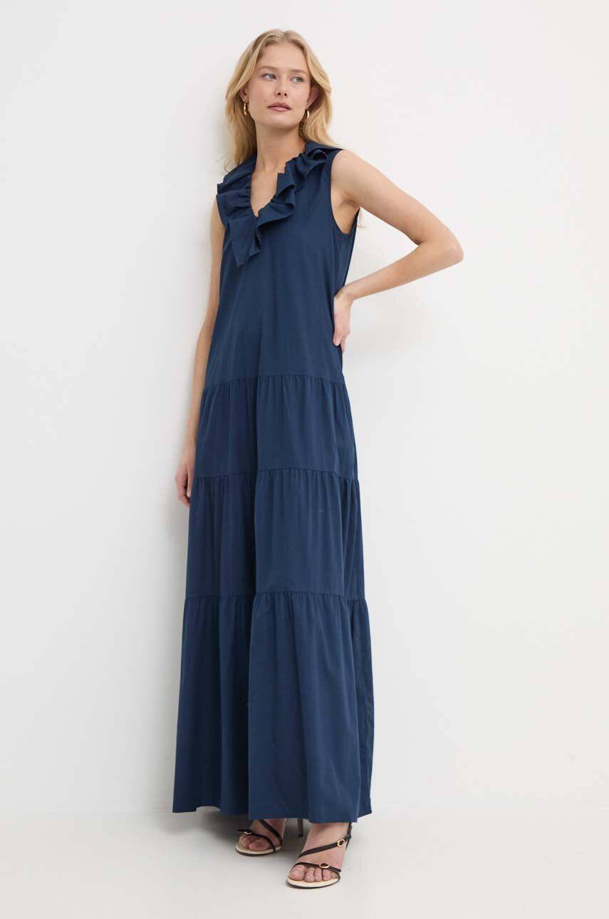 Silvian Heach rochie din bumbac culoarea albastru marin, maxi, evazati