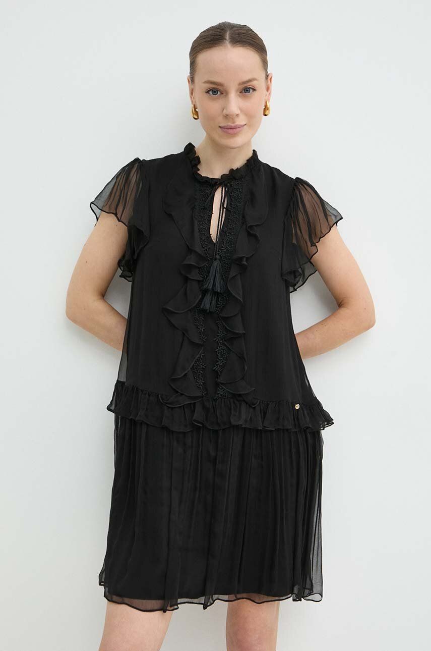 Nissa rochie de mătase culoarea negru, mini, evazați, RC14888