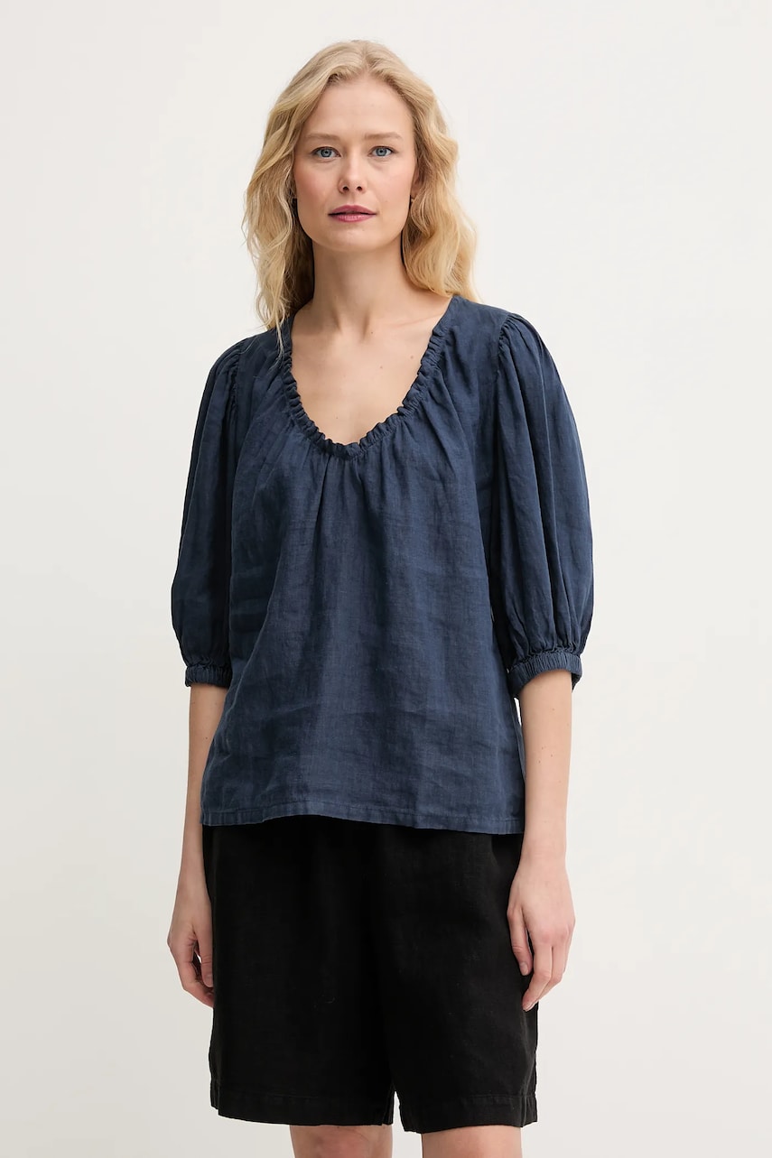 Mos Mosh bluza din in femei, culoarea albastru marin, neted, 160160 Mos Mosh bluza din in femei, culoarea albastru marin, neted, 160160