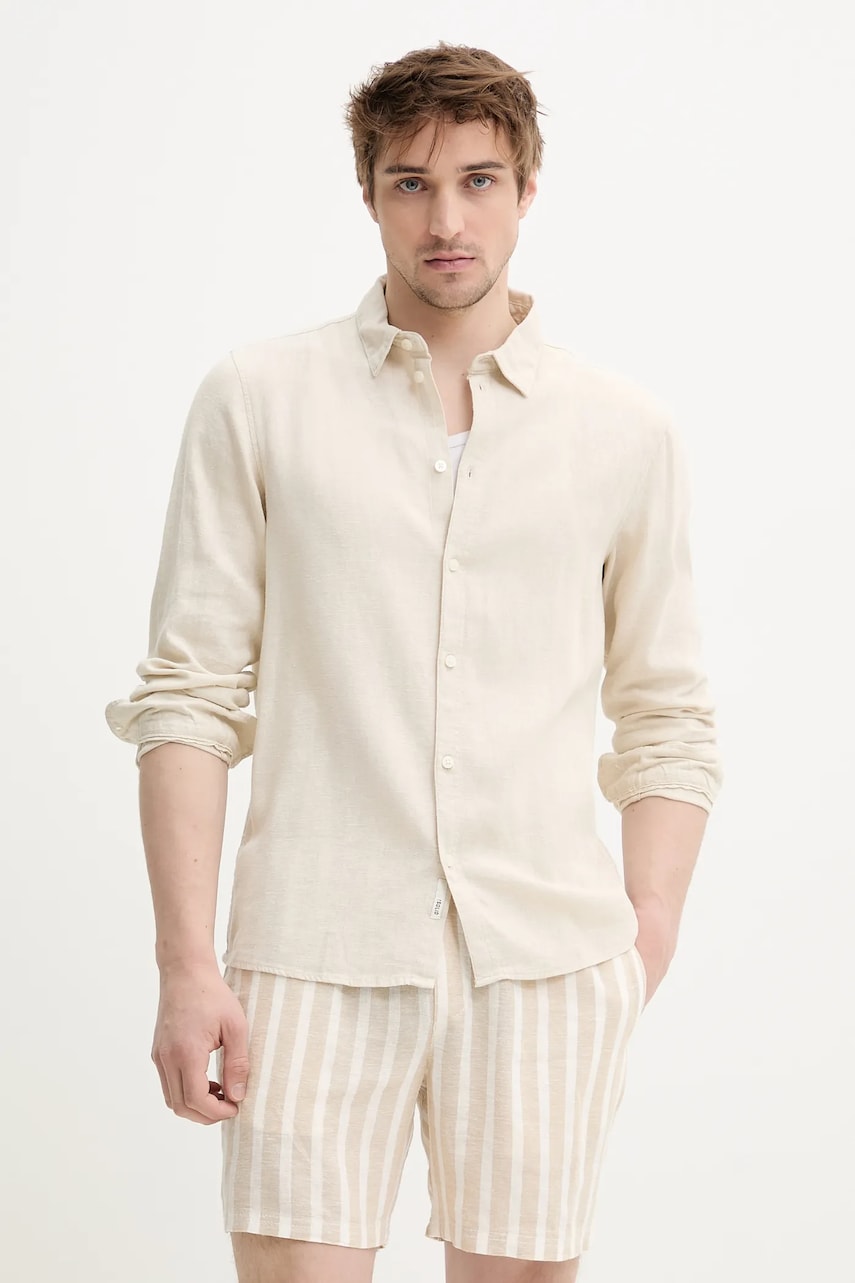 Solid cămașă de in ALLAN bărbați, culoarea bej, cu guler clasic, regular, 21107646 130401 Solid cămașă de in ALLAN bărbați, culoarea bej, cu guler clasic, regular, 21107646 130401
