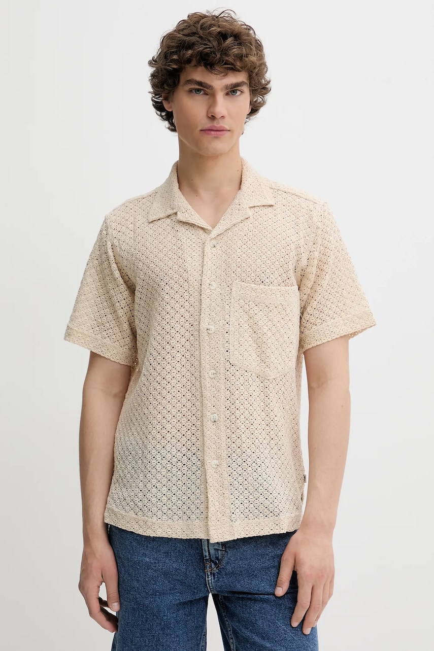 Solid cămașă din bumbac culoarea bej, cu guler clasic, regular, 21108487