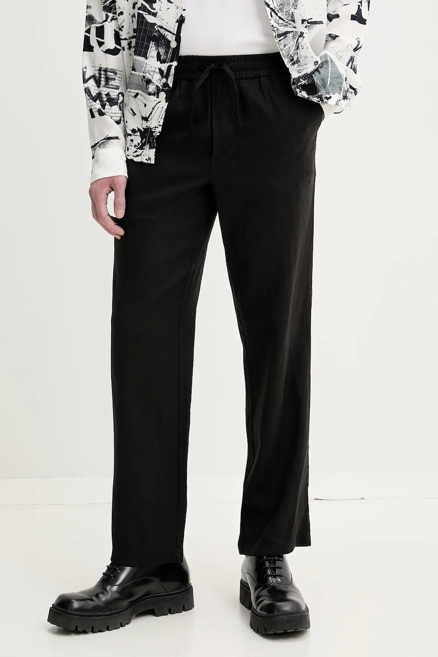 Solid pantaloni din in ALLAN barbati, culoarea negru, drept, 21108254.194008