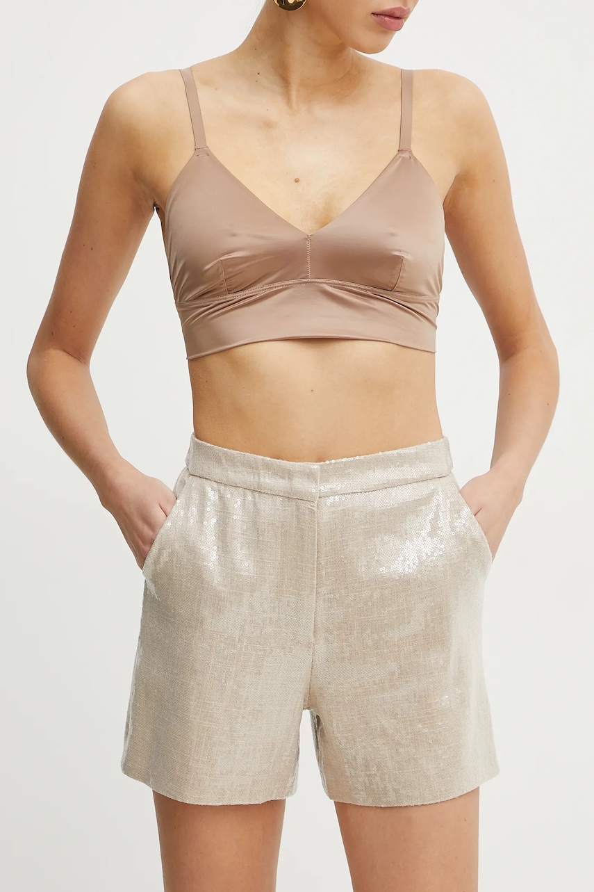 Silvian Heach pantaloni scurti PRIKO femei, culoarea bej, cu imprimeu, high waist, CVP25089SH Silvian Heach pantaloni scurti PRIKO femei, culoarea bej, cu imprimeu, high waist, CVP25089SH