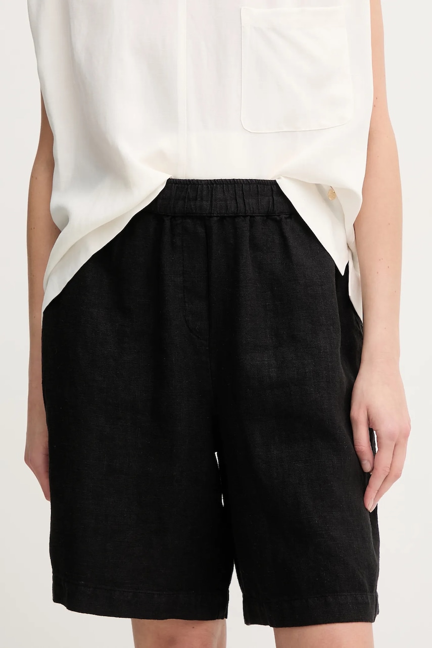 Mos Mosh pantaloni scurți din in femei, culoarea negru, uni, high waist, 168480