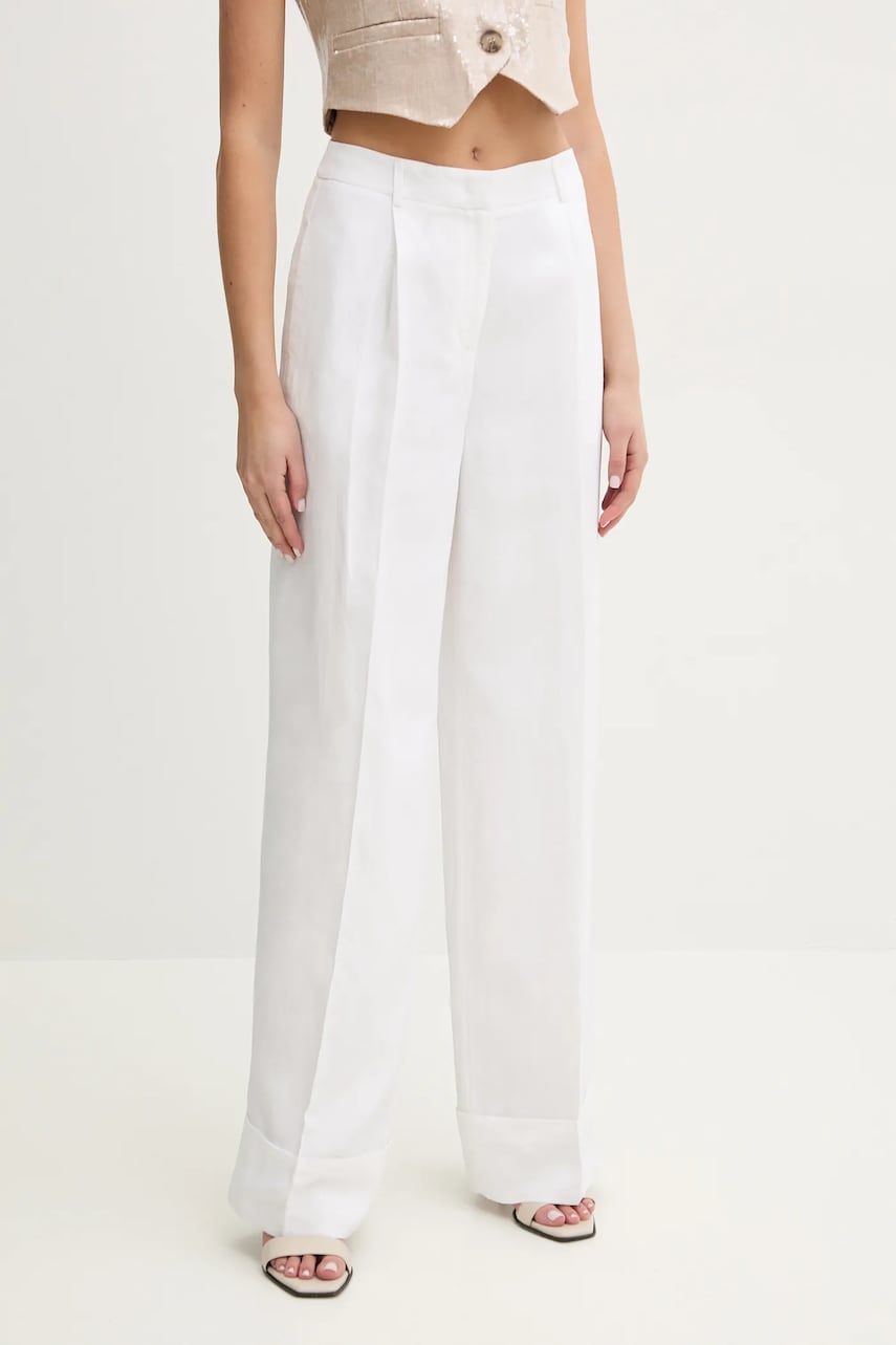 jeansrl Blumarine pantaloni din amestec de in femei, culoarea alb, drept, high waist, RA5161.T8823 jeansrl Blumarine pantaloni din amestec de in femei, culoarea alb, drept, high waist, RA5161.T8823