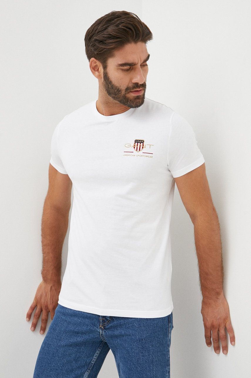 Gant tricou din bumbac culoarea alb, cu imprimeu Alb imagine noua