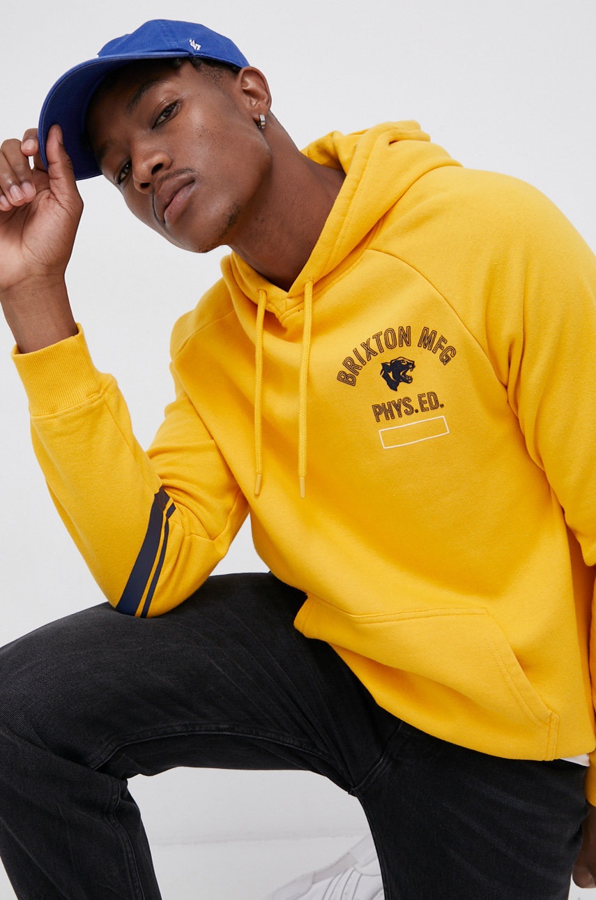 Brixton Bluza męska kolor żółty z kapturem z nadrukiem