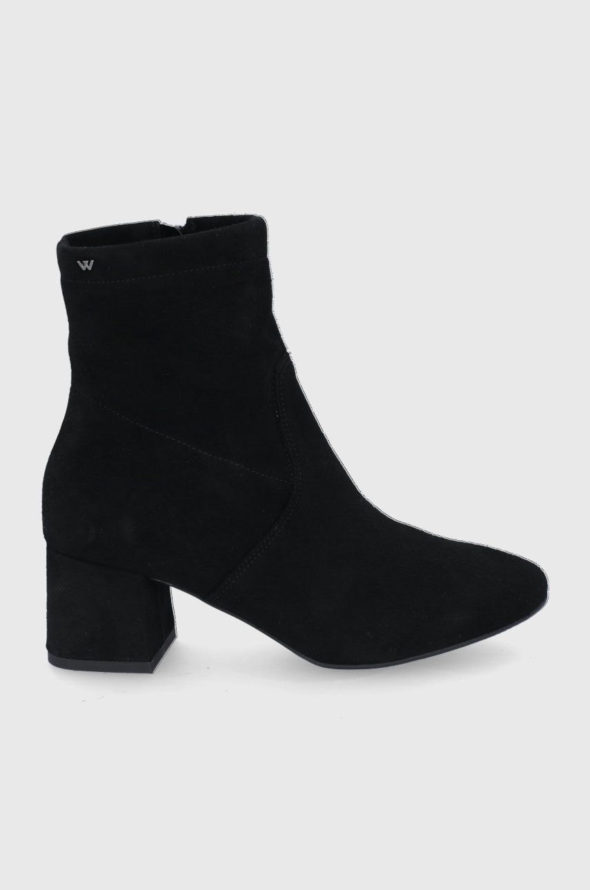 Levně Semišové boty Wojas dámské, černá barva, na podpatku