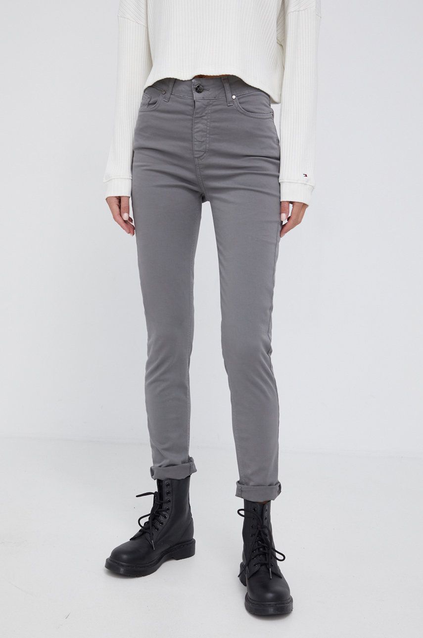 XT Studio Pantaloni femei, culoarea gri, mulat, high waist