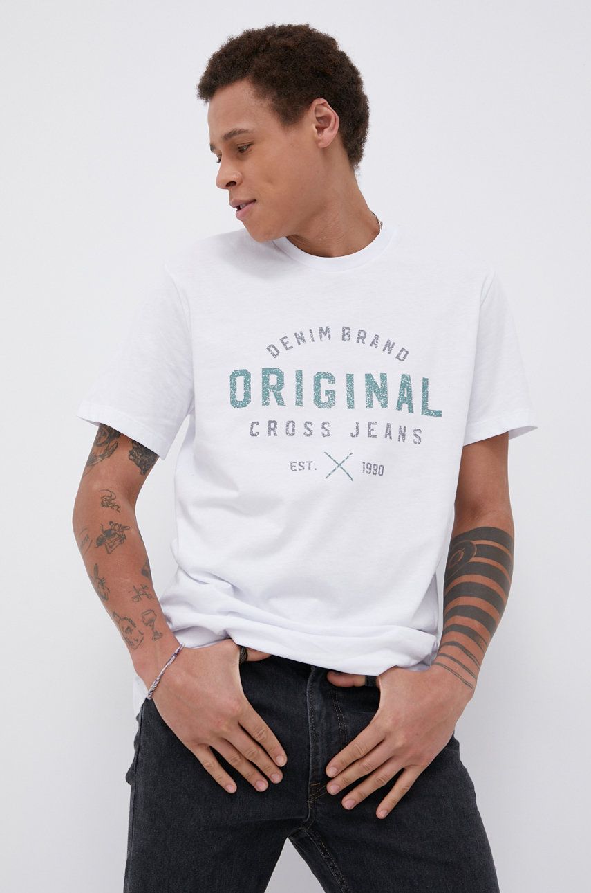 Cross Jeans Tricou din bumbac culoarea alb, cu imprimeu