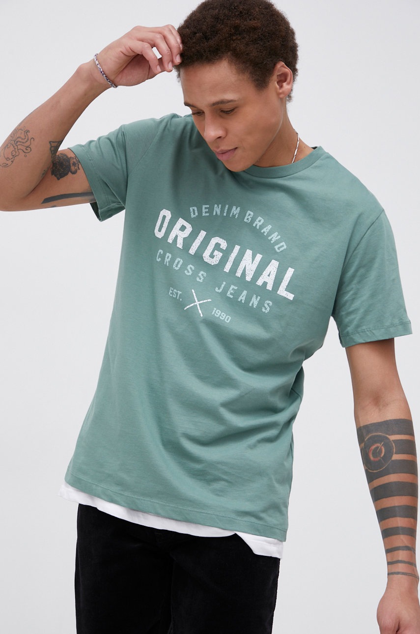 

Памучна тениска Cross Jeans в зелено с принт, Тюркоазен