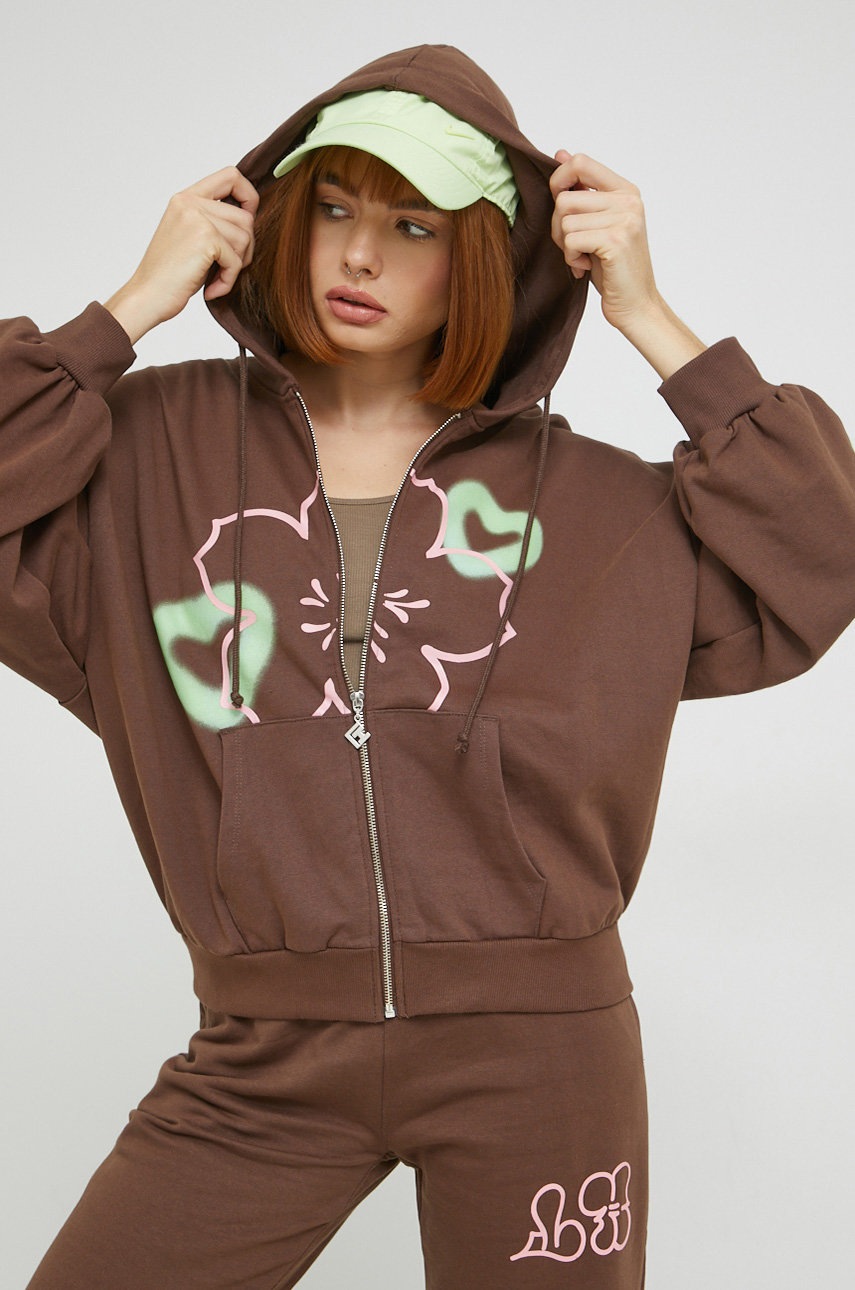 

Памучен суичър Local Heroes в кафяво с качулка с принт, Кафяв