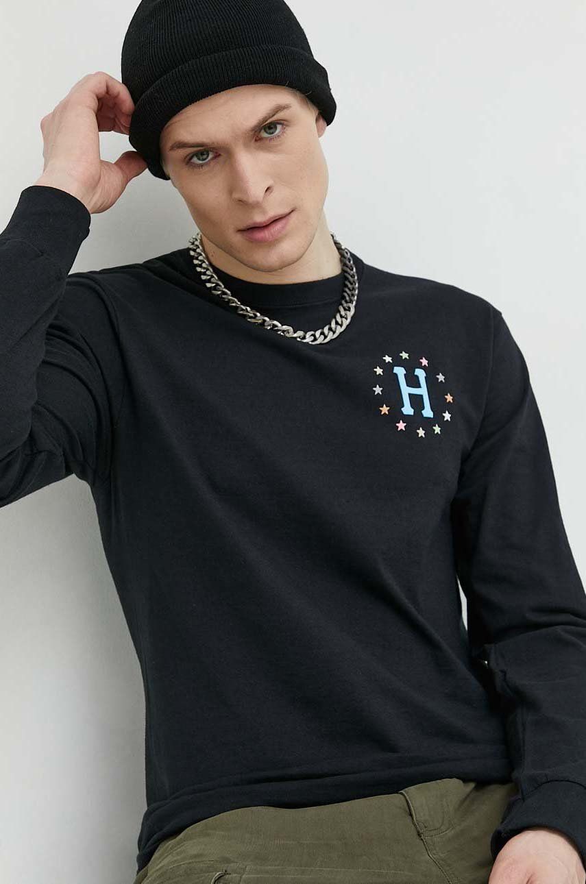 Bavlněné tričko s dlouhým rukávem HUF černá barva, s potiskem - černá -  100% Bavlna