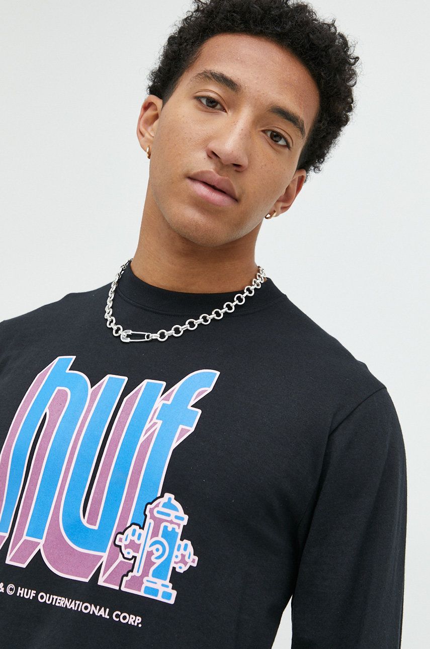 E-shop Bavlněné tričko s dlouhým rukávem HUF černá barva, s potiskem