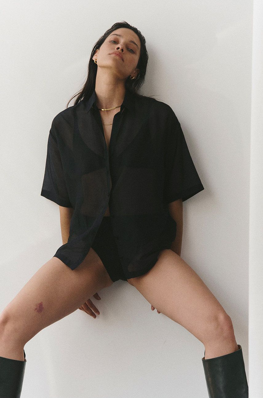 MUUV. camasa din amestec de matase Transparentna Koszula Soiree femei, culoarea negru, cu guler clasic, relaxed amestec imagine promotii 2022