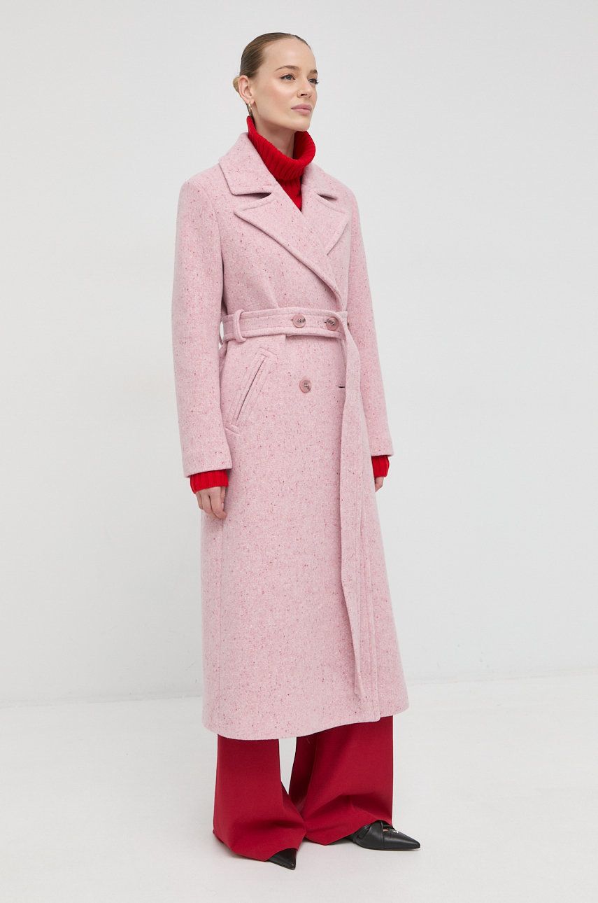 Vlněný kabát Beatrice B růžová barva, přechodný, dvouřadový - růžová -  Hlavní materiál: 80 % V