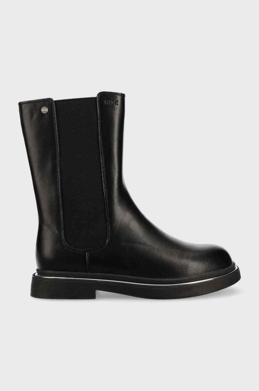 Goe ghete chelsea de piele femei, culoarea negru, cu toc plat, izolare usoara