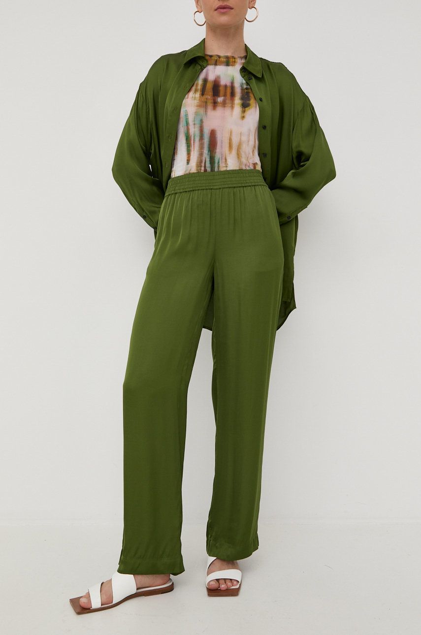 Kalhoty Herskind dámské, zelená barva, jednoduché, high waist - zelená -  100% Viskóza