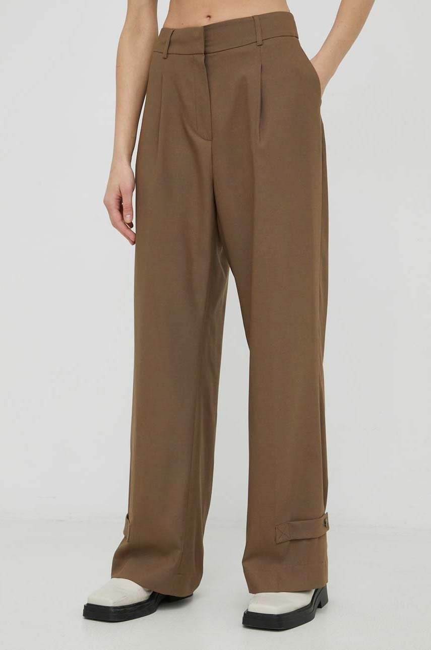 Herskind Pantaloni Din Lana Logan Femei, Culoarea Maro, Lat, High Waist