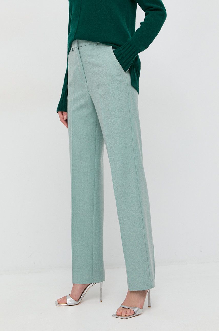 Beatrice B pantaloni de lana femei, culoarea turcoaz, drept, high waist