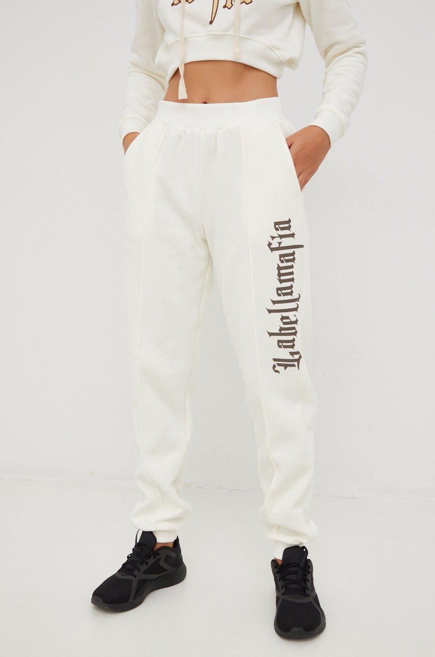 Labellamafia pantaloni de trening femei, culoarea bej, cu imprimeu