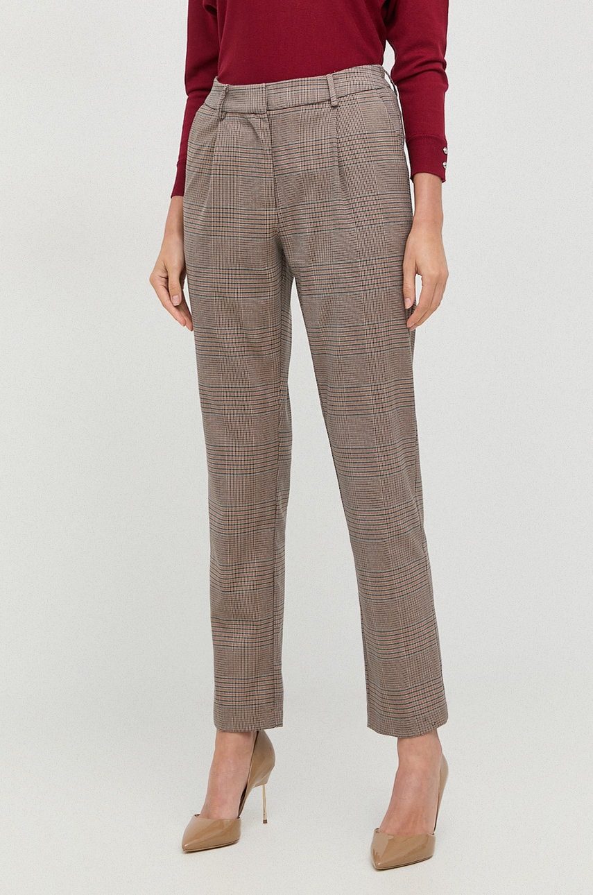 Silvian heach pantaloni femei, culoarea maro, drept, high waist