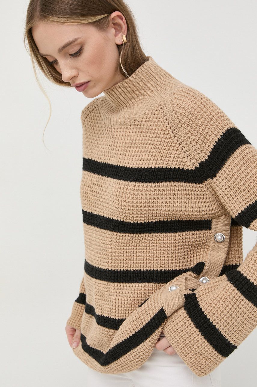 Custommade sweter wełniany damski kolor beżowy z półgolfem