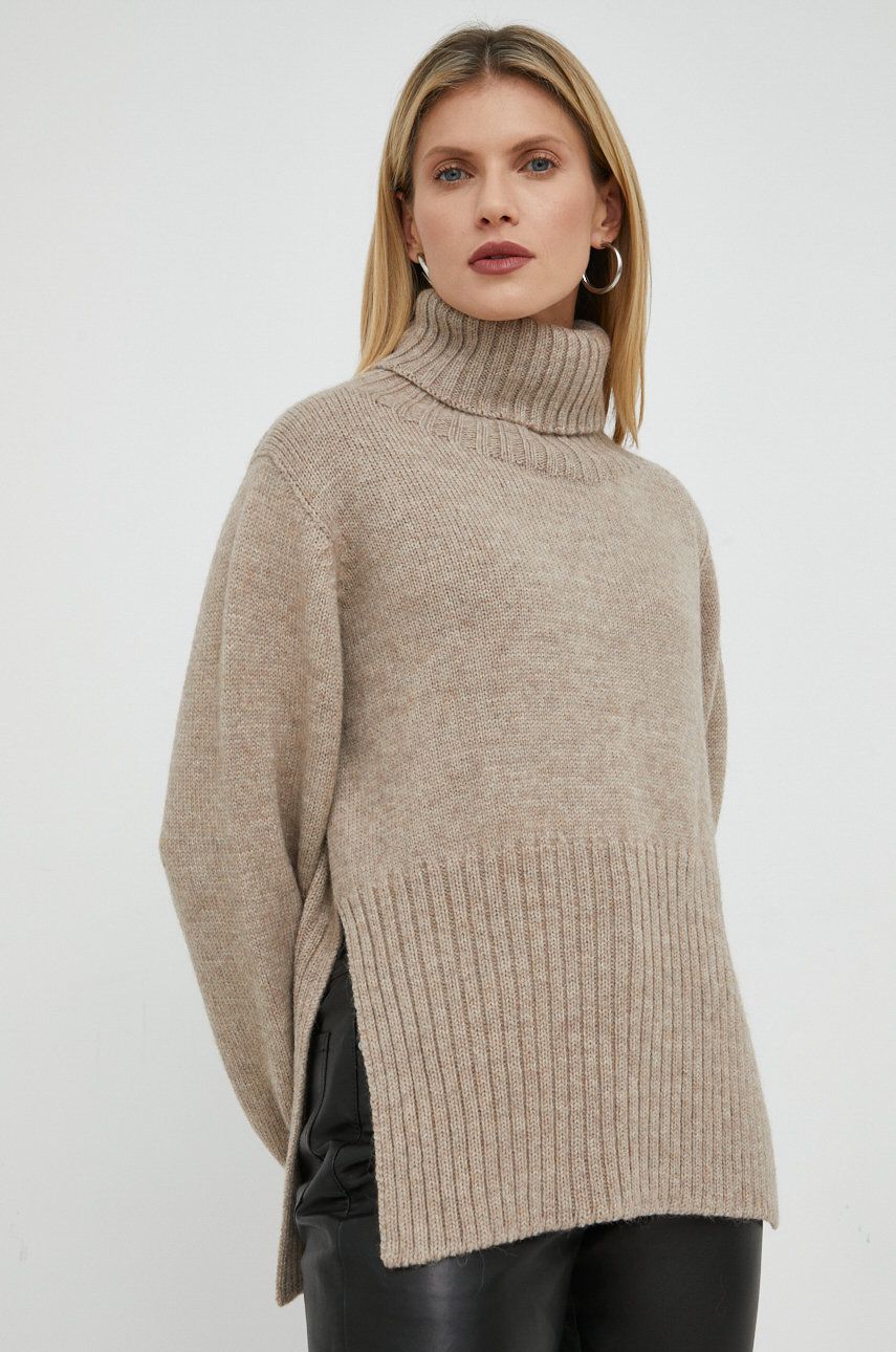 Herskind pulover de lana Jojo femei, culoarea bej, cu guler