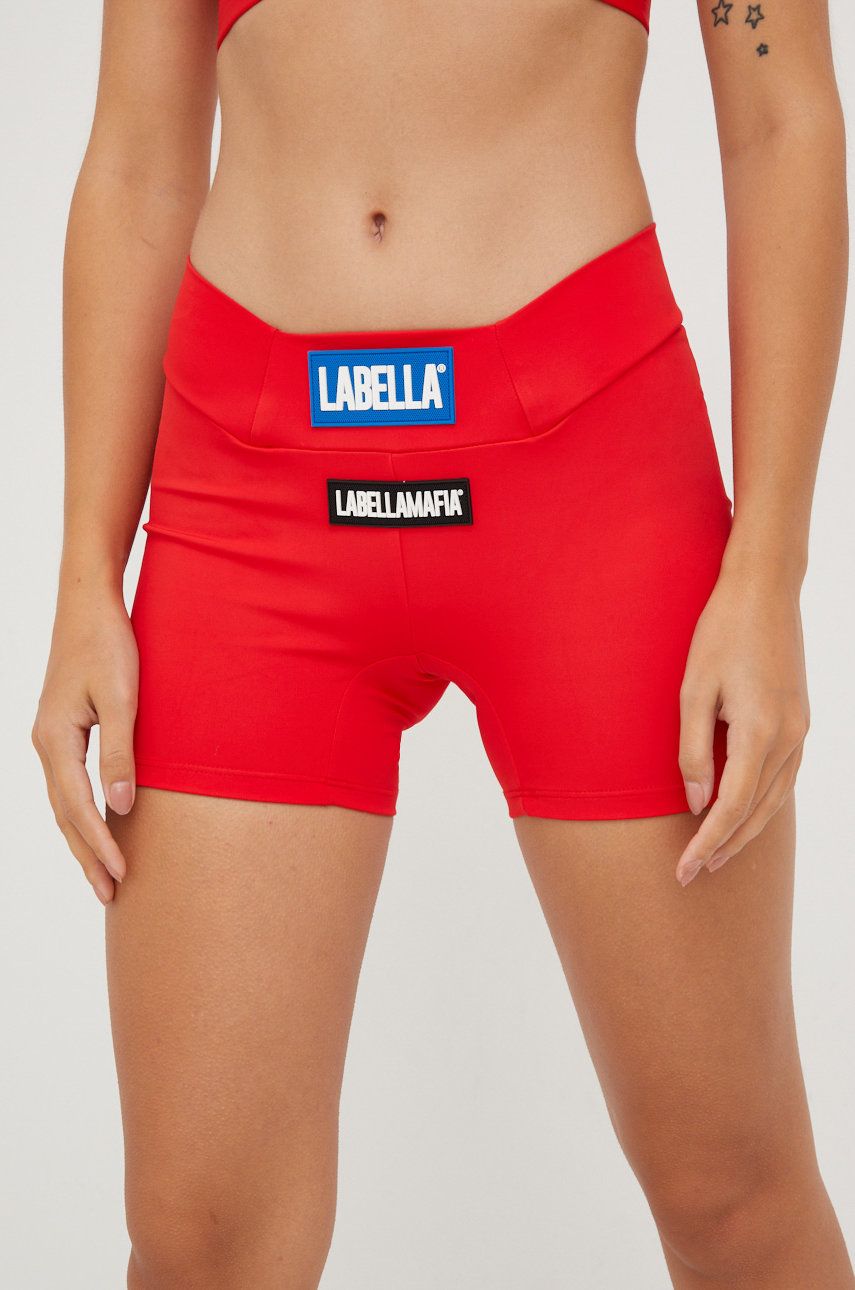 LaBellaMafia pantaloni scurți de antrenament Go On femei, culoarea rosu, cu imprimeu, medium waist