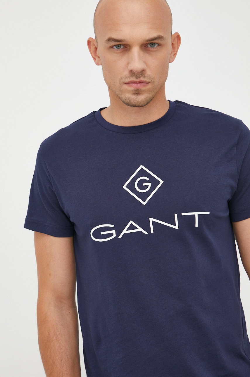 

Памучна тениска Gant в тъмносиньо с принт, Тъмносин