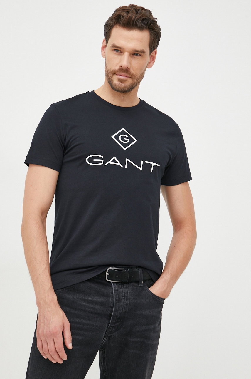 

Памучна тениска Gant в черно с принт, Черен