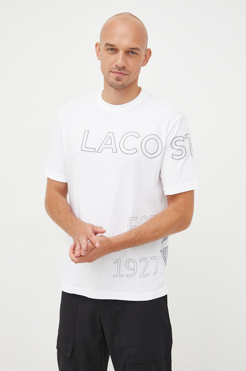 

Памучна тениска Lacoste в бяло с принт, Бял